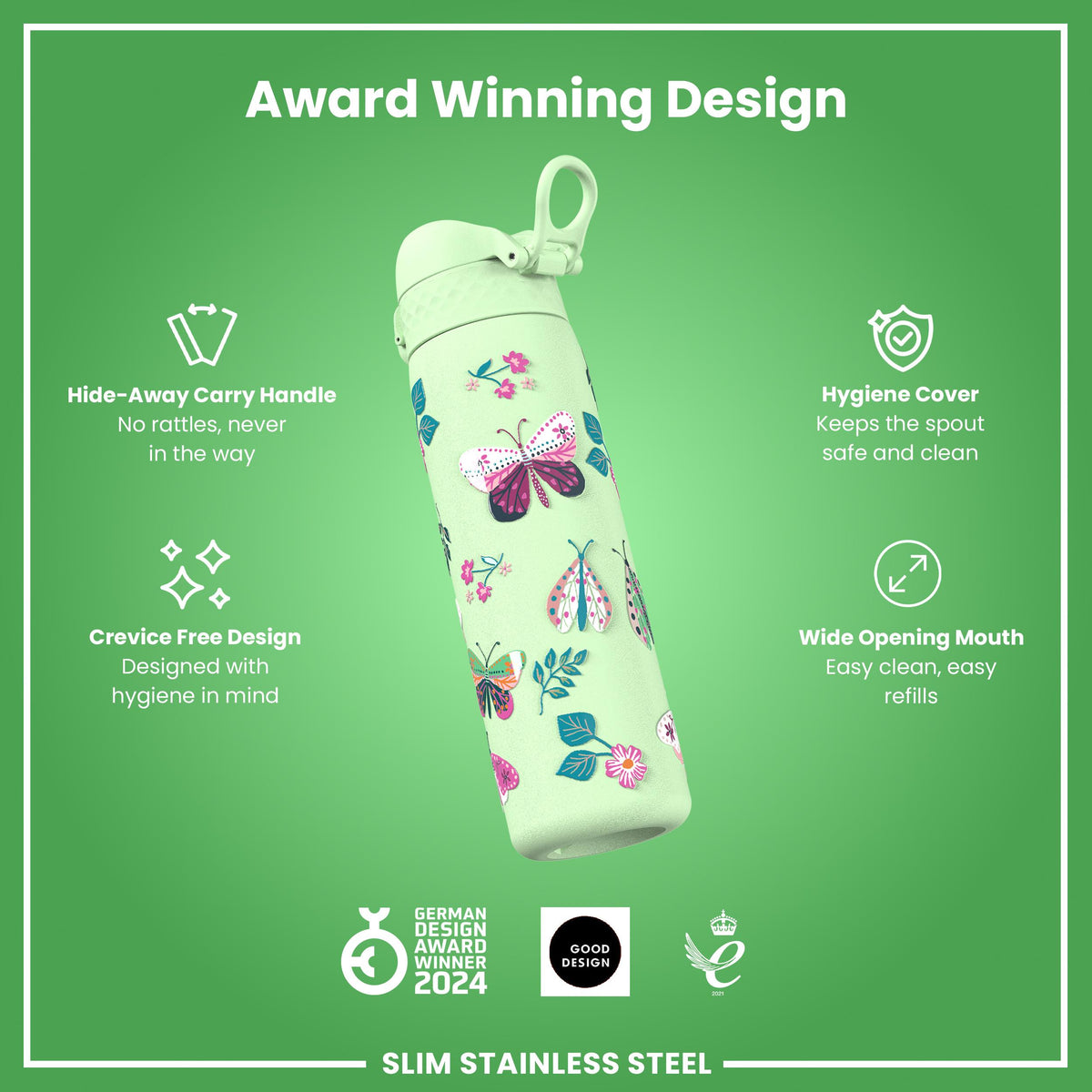 Leak Proof Slim Water Bottle, Stainless Steel, Wild Butterfly, 600ml (20oz) — additional product photo