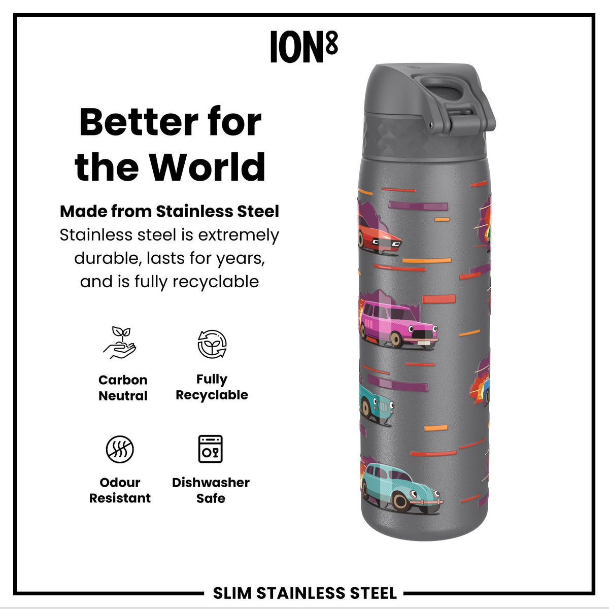 Leak Proof Slim Water Bottle, Stainless Steel, Sports Cars, 600ml (20oz) — additional product photo