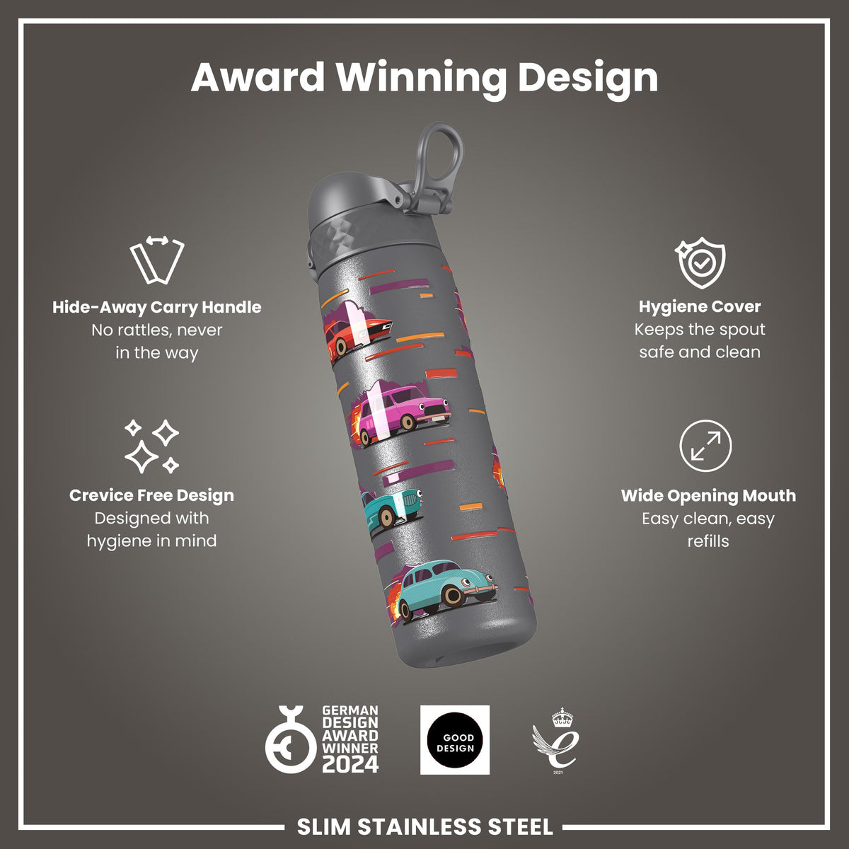 Leak Proof Slim Water Bottle, Stainless Steel, Sports Cars, 600ml (20oz) — additional product photo