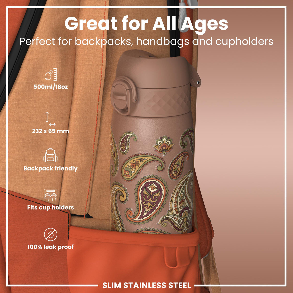 Leak Proof Slim Water Bottle, Stainless Steel, Paisley, 600ml (20oz) — additional product photo