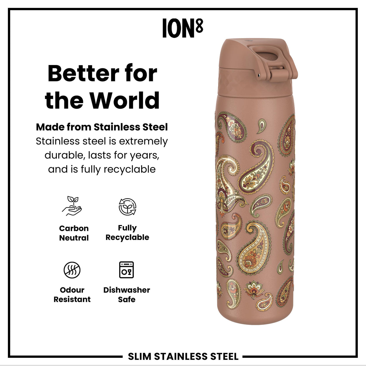 Leak Proof Slim Water Bottle, Stainless Steel, Paisley, 600ml (20oz) — additional product photo