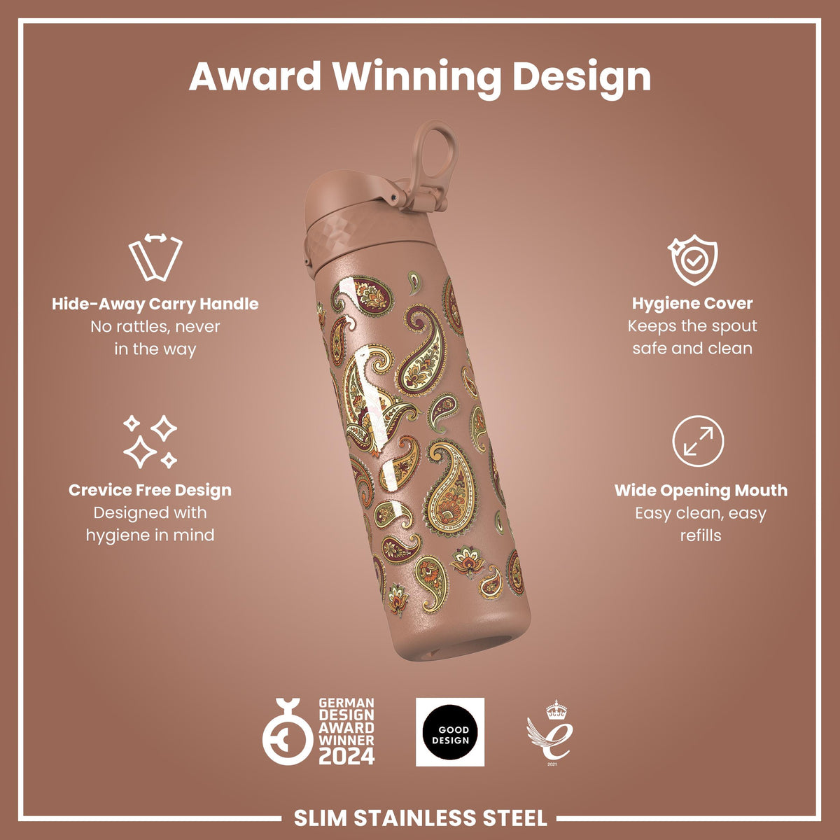 Leak Proof Slim Water Bottle, Stainless Steel, Paisley, 600ml (20oz) — additional product photo