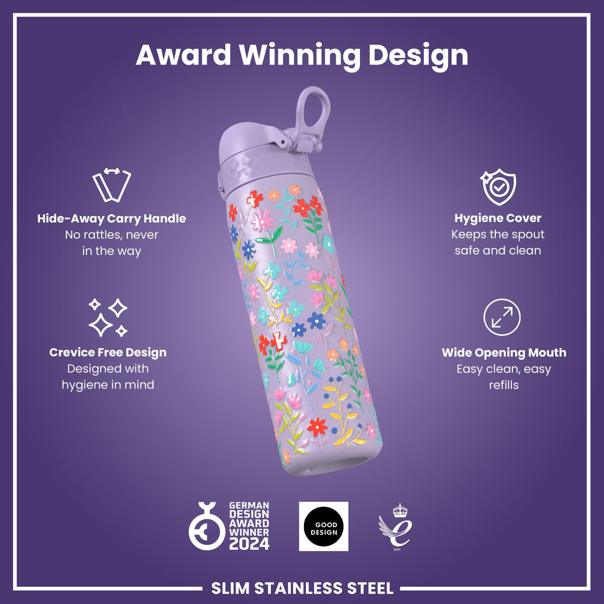 Leak Proof Slim Water Bottle, Stainless Steel, Delicate Floral, 600ml (20oz) — additional product photo