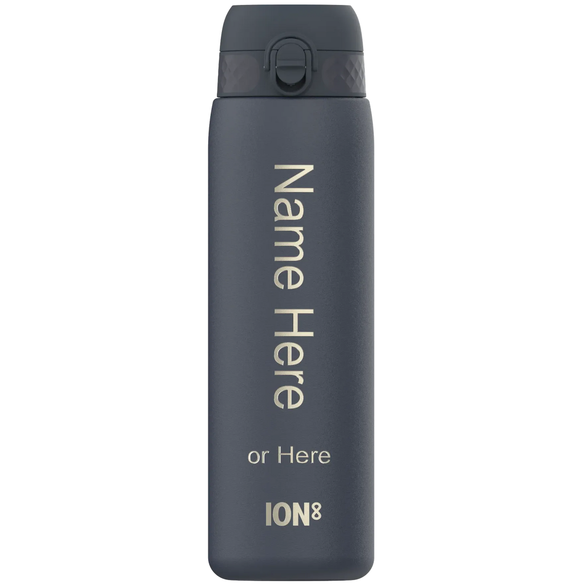 A gray water bottle stands upright featuring a flip-top lid with text saying "Name Here or Here ION8" printed vertically on its body against a white background.