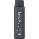 A gray water bottle stands upright featuring a flip-top lid with text saying 