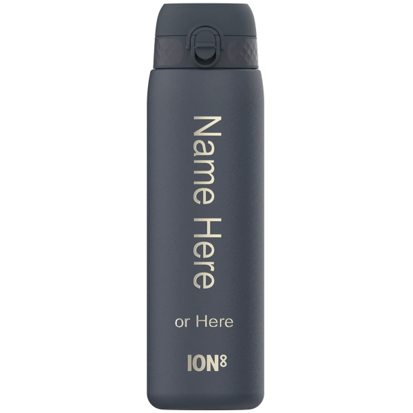 A gray water bottle stands upright featuring a flip-top lid with text saying "Name Here or Here ION8" printed vertically on its body against a white background.