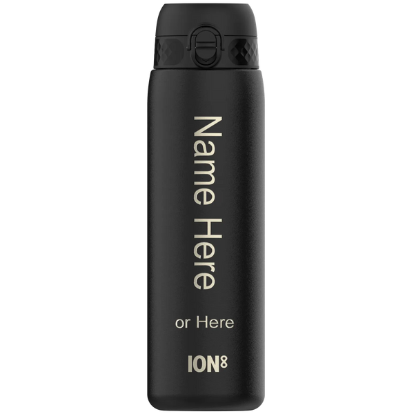 A black water bottle stands upright with the text "Name Here or Here ION8" printed vertically on its surface in an isolated setting.
