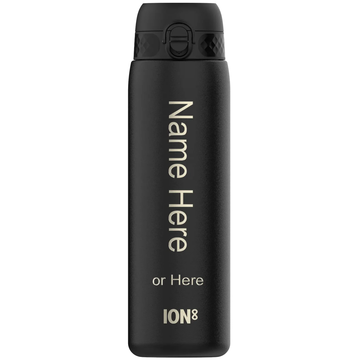 A black insulated bottle featuring a flip-top lid has the text "Name Here or Here ION8" printed vertically on its side.