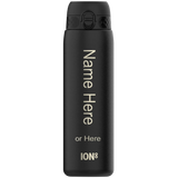 A black insulated bottle featuring a flip-top lid has the text 
