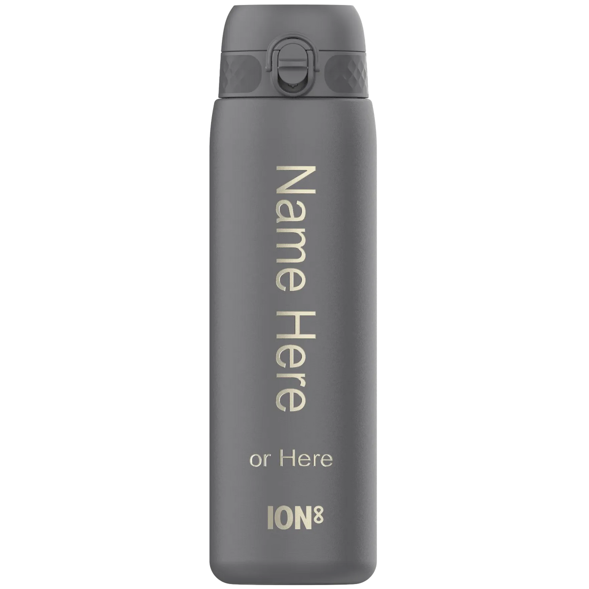 Gray water bottle standing upright with text "Name Here or Here ION8" printed vertically in white bold letters on its body against a plain white background