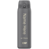 Gray water bottle standing upright with text 