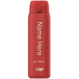 A red water bottle stands vertically with a flip-top lid. Text reads Name Here or Here ION8 indicating customization options. The background is plain white.