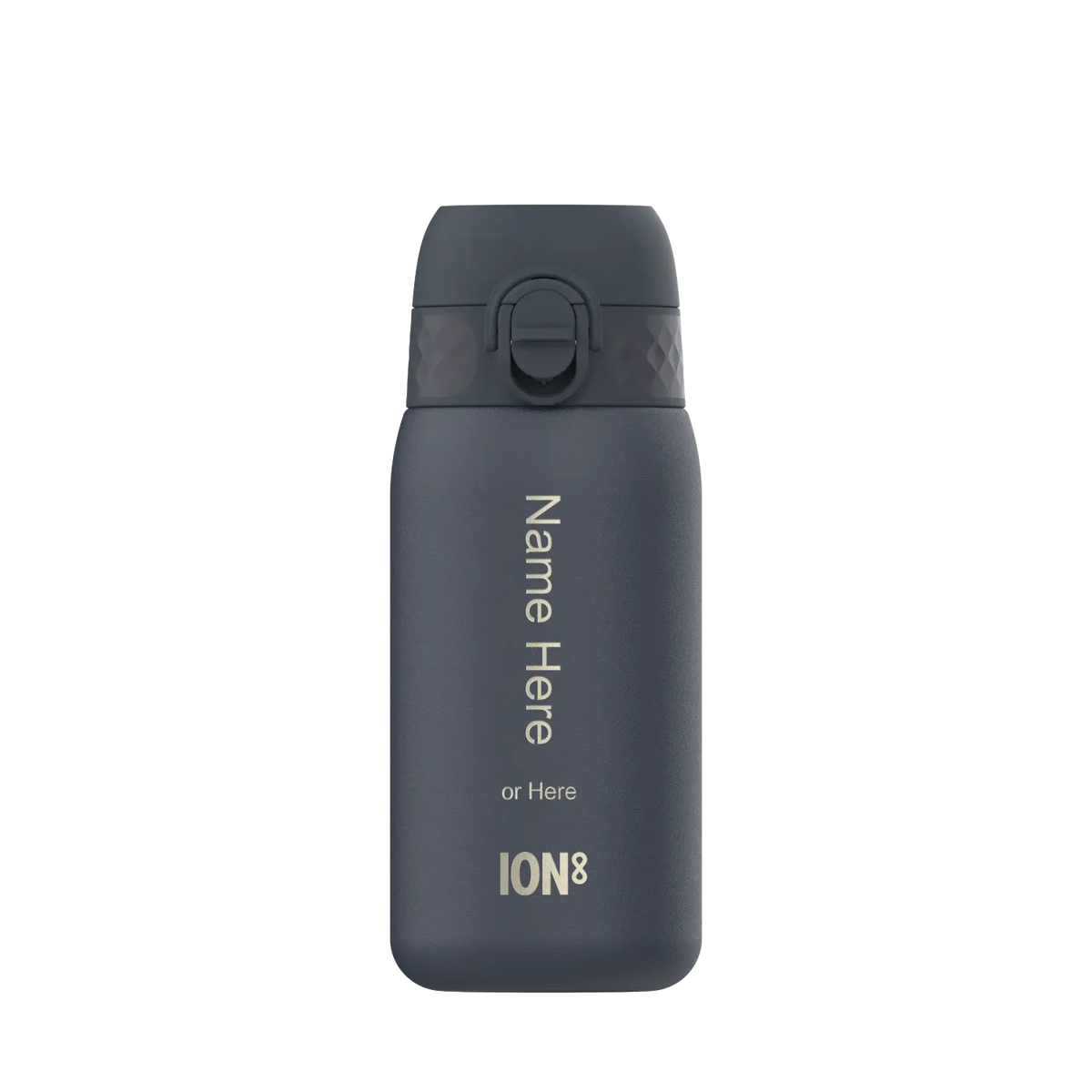 A dark gray water bottle stands upright featuring a flip-top lid and customization text: "Name Here or Here ION8" displayed vertically in a plain white setting.