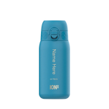 Blue water bottle standing upright with a flip-top lid in a plain white setting Text on bottle reads Name Here or Here ION8