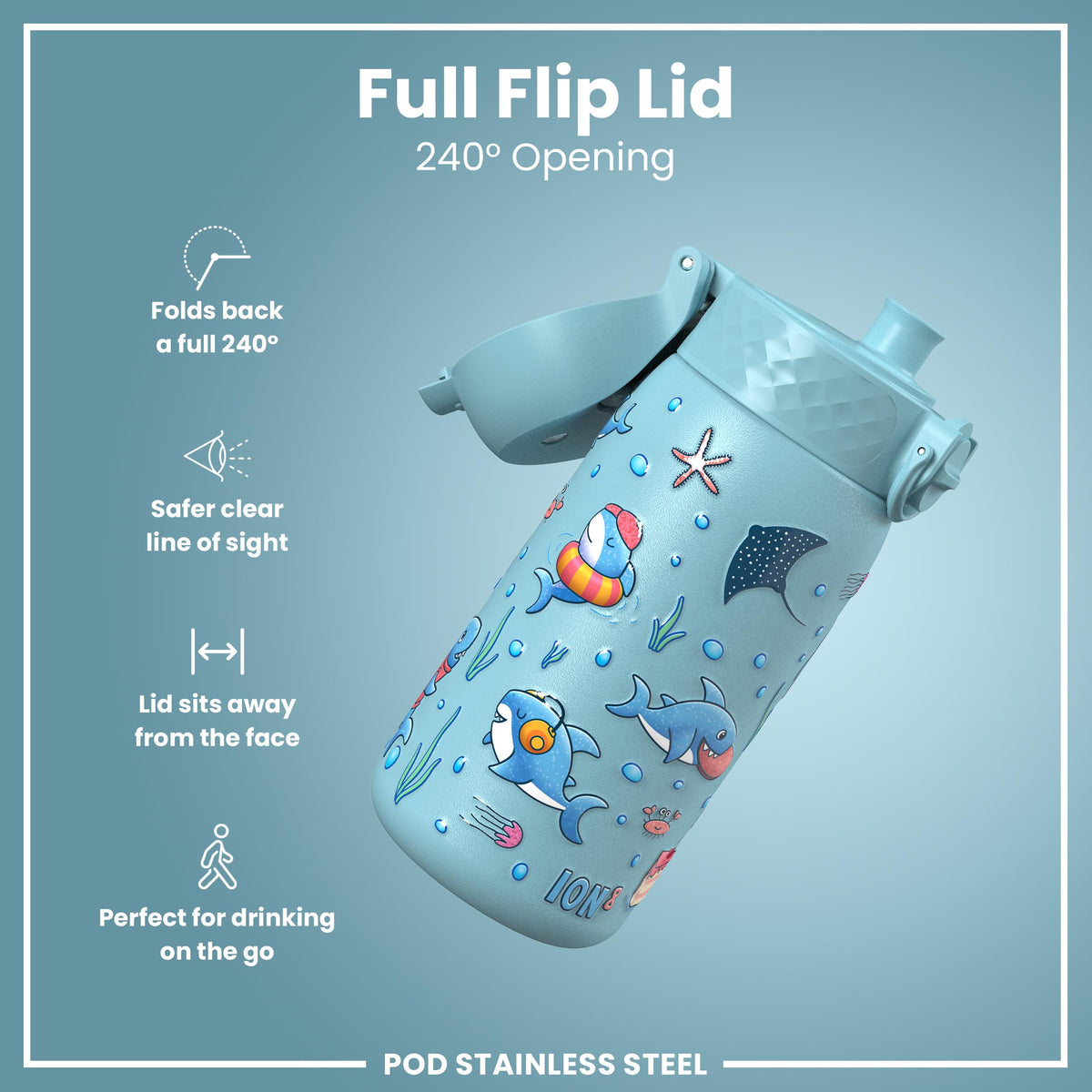 Leak Proof Thermal Steel Water Bottle, Insulated, Blue Sharks, 320ml (11oz) — additional product photo