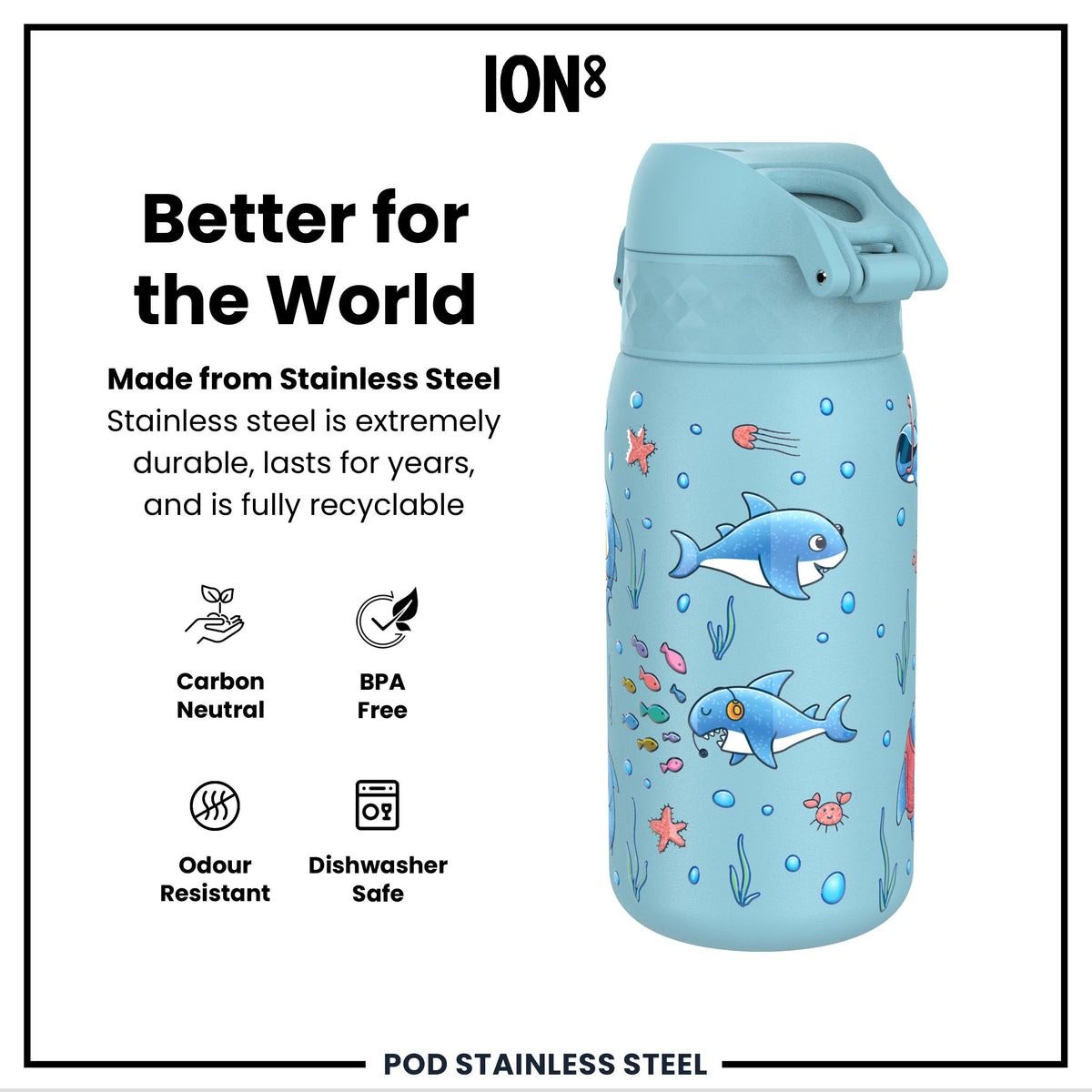 Leak Proof Thermal Steel Water Bottle, Insulated, Blue Sharks, 320ml (11oz) — additional product photo