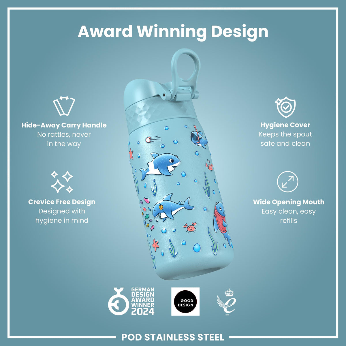 Leak Proof Thermal Steel Water Bottle, Insulated, Blue Sharks, 320ml (11oz) — additional product photo