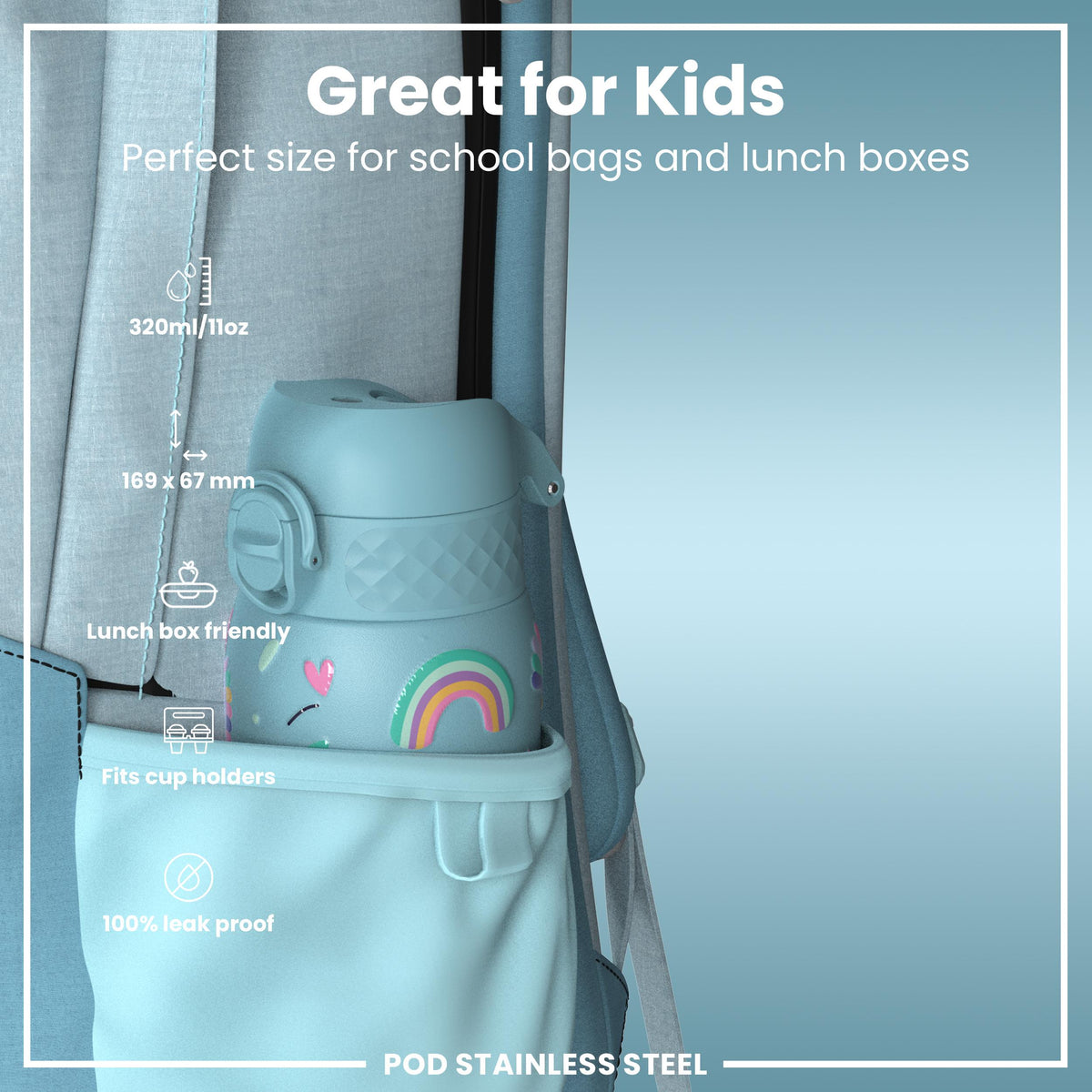 Leak Proof Thermal Steel Water Bottle, Insulated, Blue Unicorns, 320ml (11oz) — additional product photo