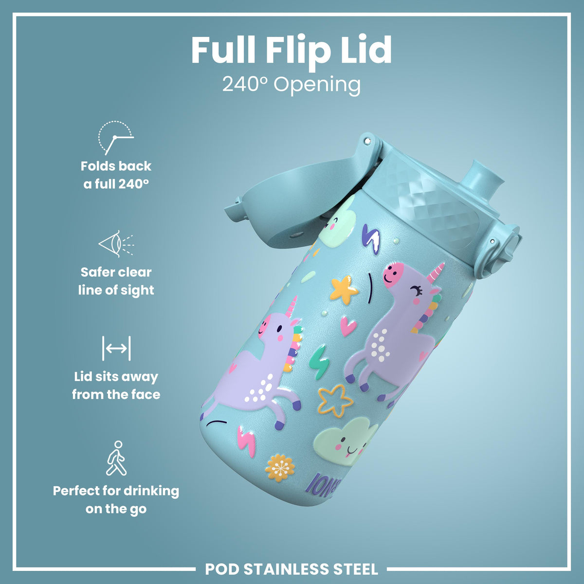 Leak Proof Thermal Steel Water Bottle, Insulated, Blue Unicorns, 320ml (11oz) — additional product photo