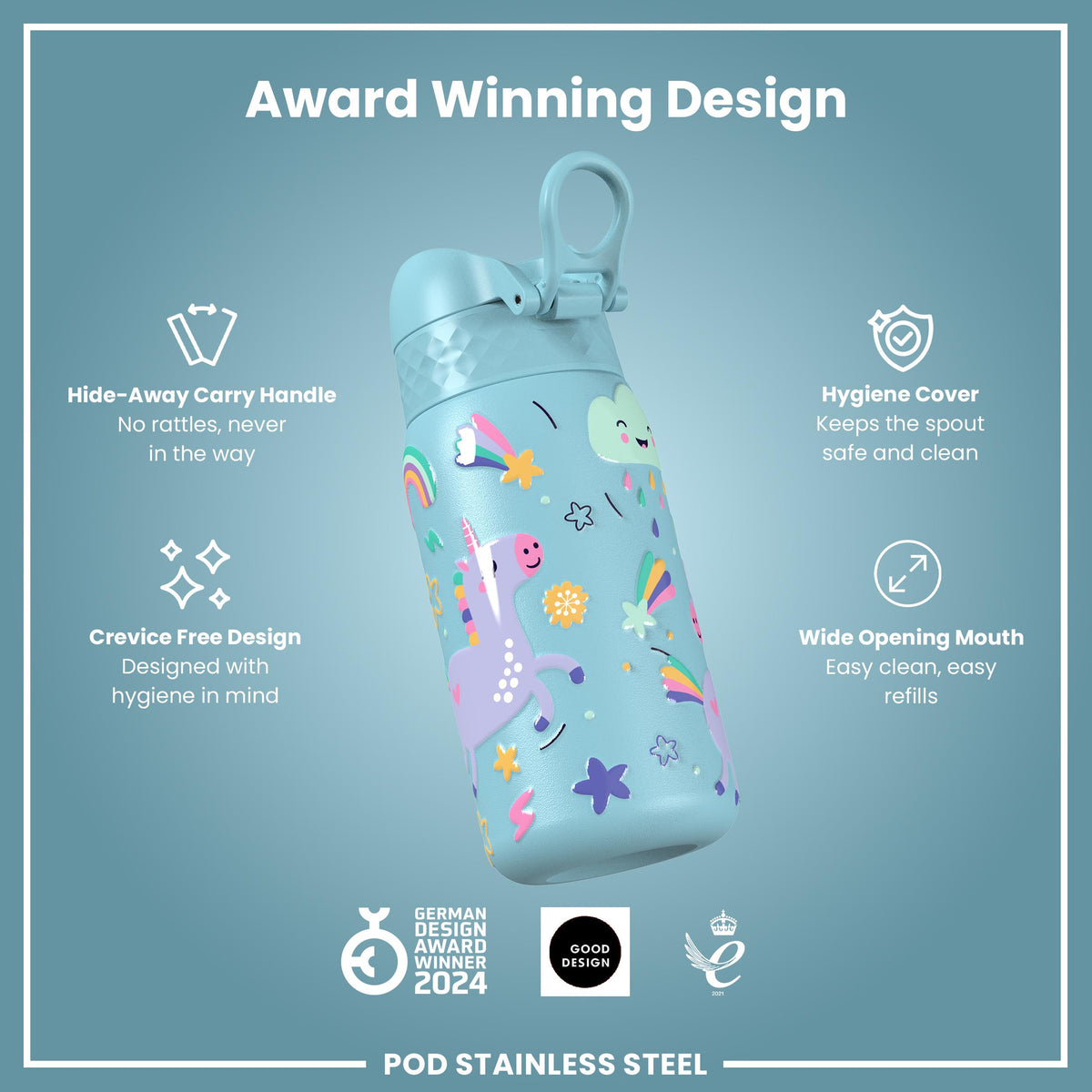 Leak Proof Thermal Steel Water Bottle, Insulated, Blue Unicorns, 320ml (11oz) — additional product photo