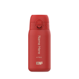 Red insulated water bottle standing upright with a flip-top lid Name Here or Here ION8 printed vertically on its side against a plain background.
