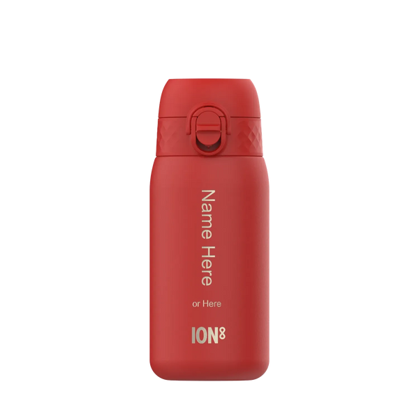Red insulated water bottle standing upright with a flip-top lid Name Here or Here ION8 printed vertically on its side against a plain background.