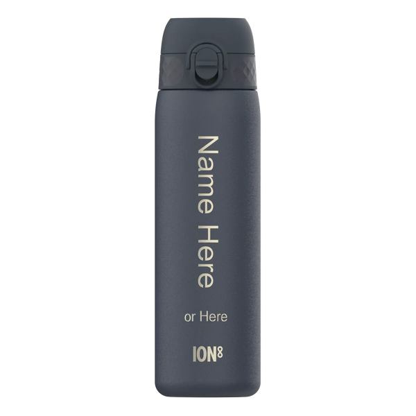 A dark-gray water bottle stands upright against a white background featuring text vertically reading "Name Here or Here" with "ION8" at the bottom.