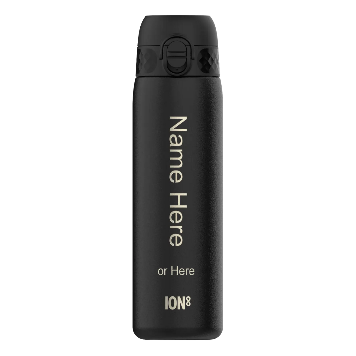 A black water bottle stands upright featuring a secure lid and customizable text: Name Here or Here ION8 against a plain white background.