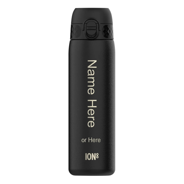 A black water bottle stands upright featuring a secure lid and customizable text: Name Here or Here ION8 against a plain white background.