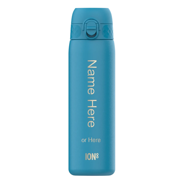 A blue water bottle stands upright on a white background displaying text vertically "Name Here or Here ION8" on its side.