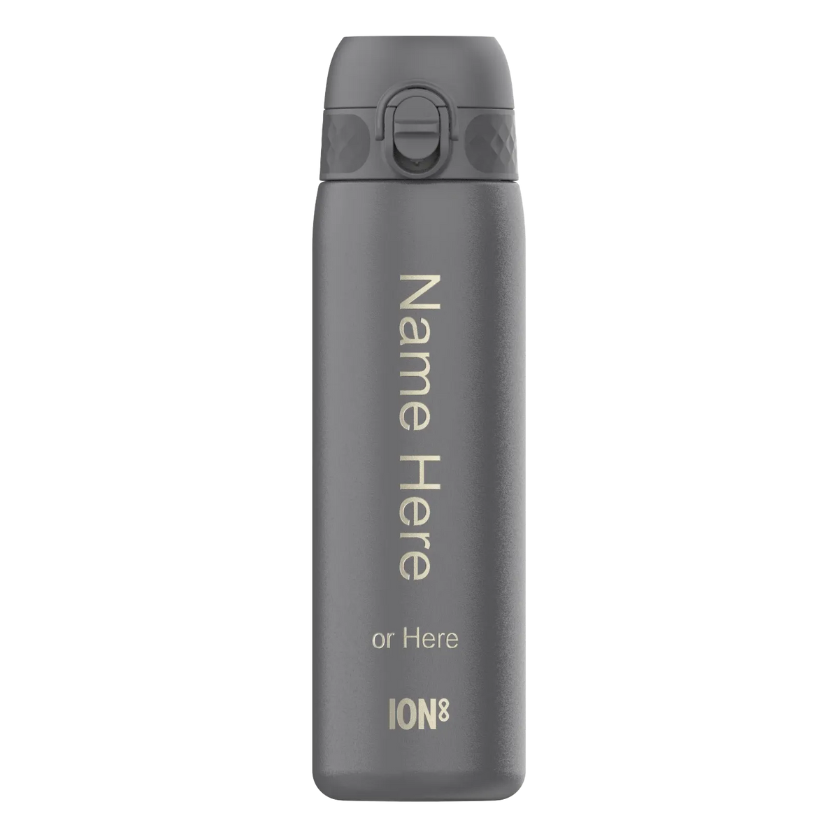 Gray insulated bottle standing upright with a secure flip-top lid in a plain setting Text on the bottle reads Name Here or Here ION8