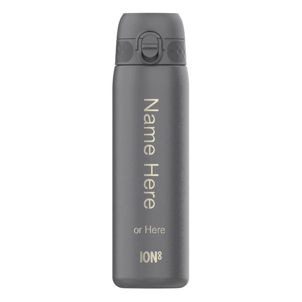 Gray insulated bottle standing upright with a secure flip-top lid in a plain setting Text on the bottle reads Name Here or Here ION8