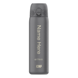 A gray water bottle standing upright displaying the text 