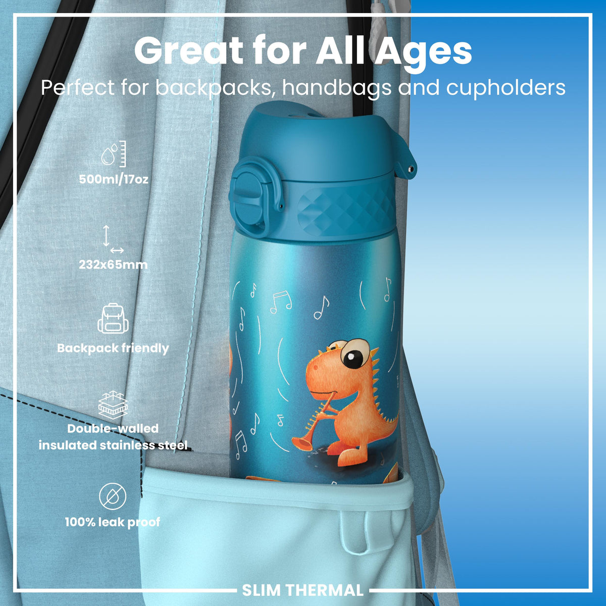 Antifugas Slim Thermal Botella de agua, Insulated Steel, Dinosaur Band, 500ml (17oz) — foto adicional del producto