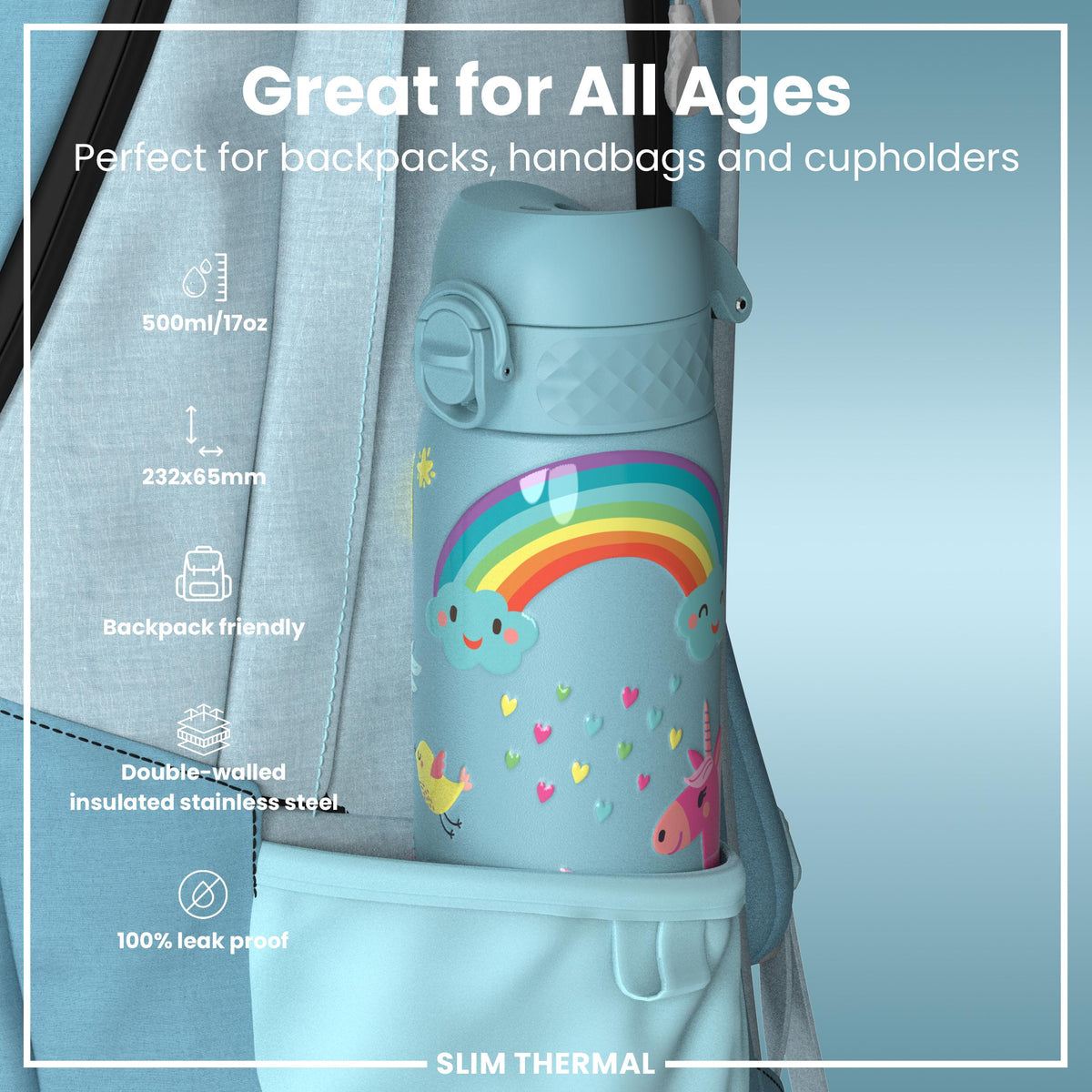 Antifugas Slim Thermal Botella de agua, Insulated Steel, Blue Unicorns, 500ml (17oz) — foto adicional del producto