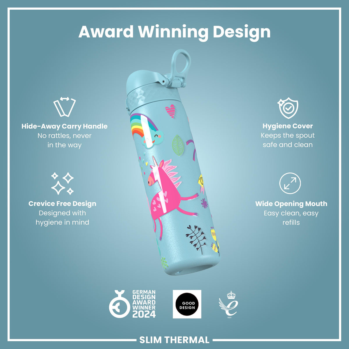 Antifugas Slim Thermal Botella de agua, Insulated Steel, Blue Unicorns, 500ml (17oz) — foto adicional del producto