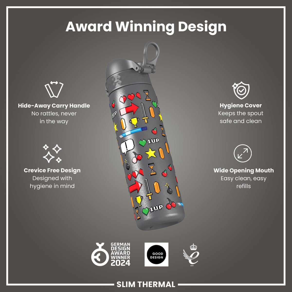 Leak Proof Slim Thermal Water Bottle, Insulated Steel, Gamer, 500ml (17oz) — additional product photo