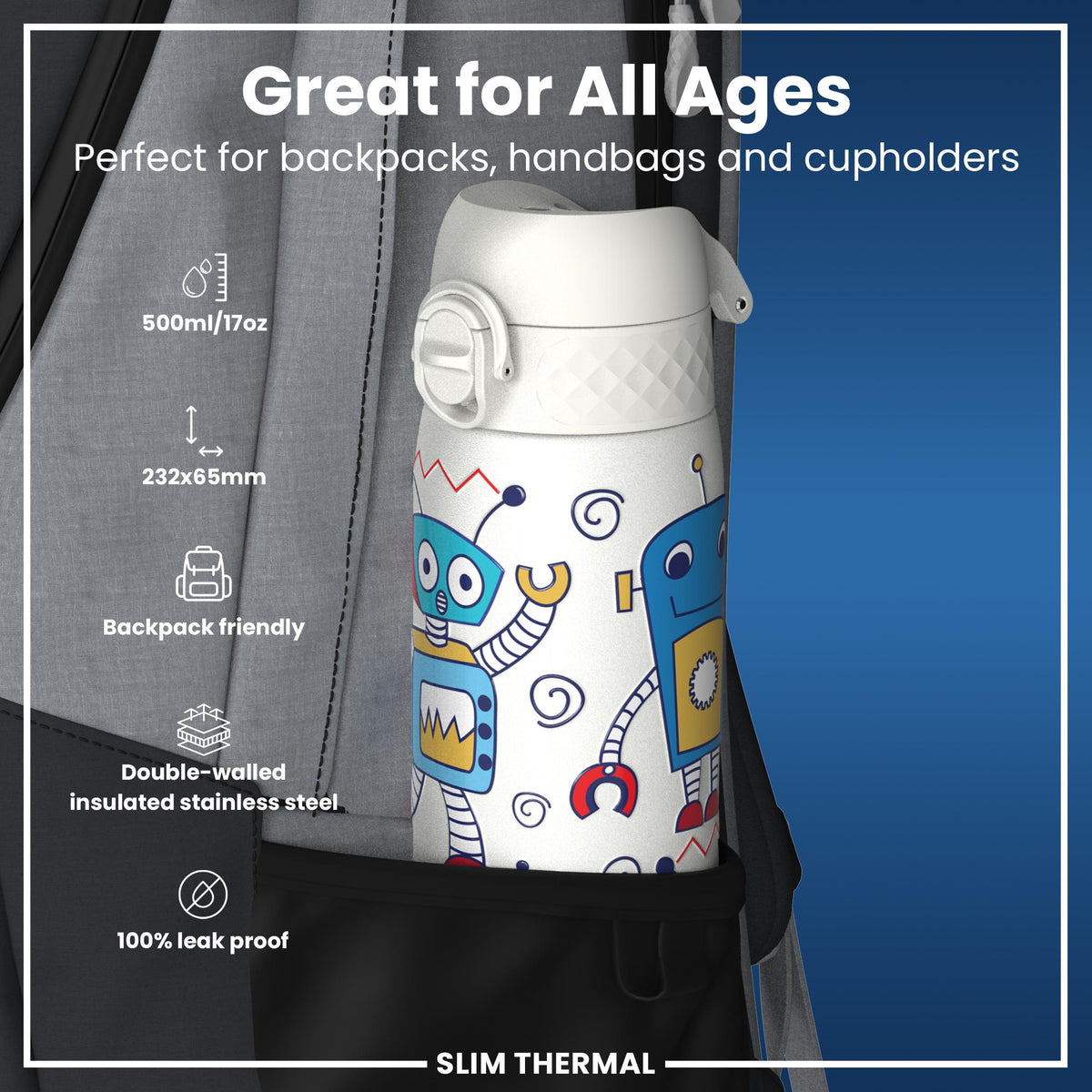Antifugas Slim Thermal Botella de agua, Insulated Steel, Robots, 500ml (17oz) — foto adicional del producto