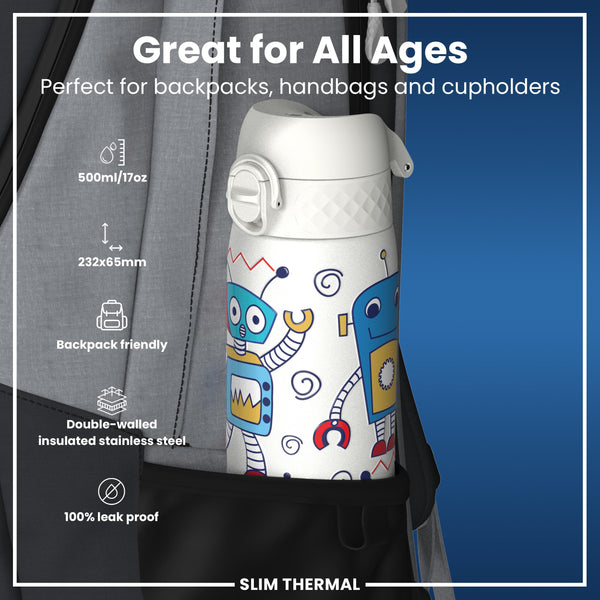 Antifugas Slim Thermal Botella de agua, Insulated Steel, Robots, 500ml (17oz) — foto adicional del producto