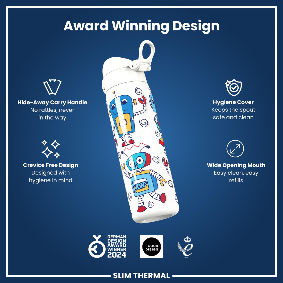 Antifugas Slim Thermal Botella de agua, Insulated Steel, Robots, 500ml (17oz) — foto adicional del producto