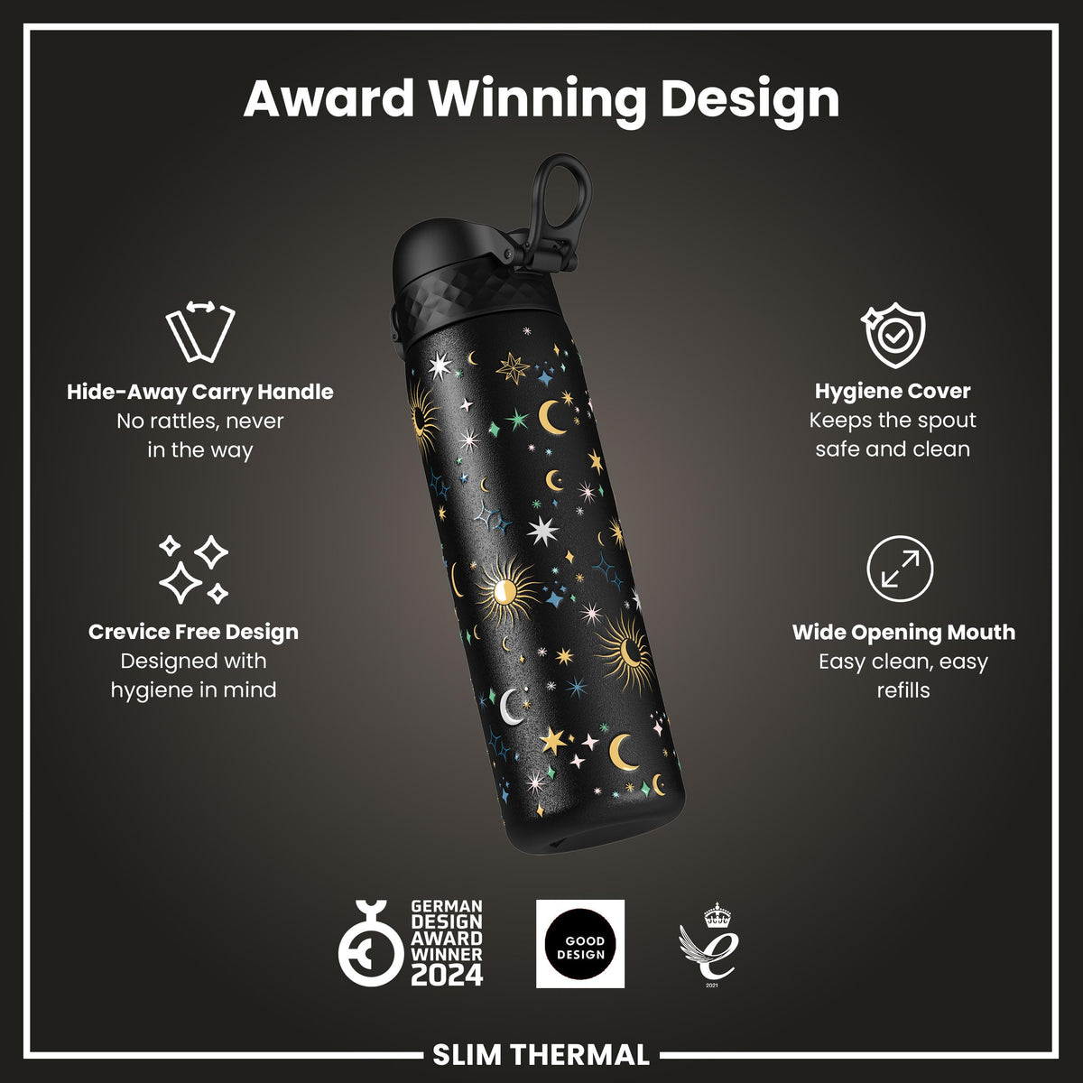 Leak Proof Slim Thermal Water Bottle, Insulated Steel, Celestial, 500ml (17oz) — additional product photo