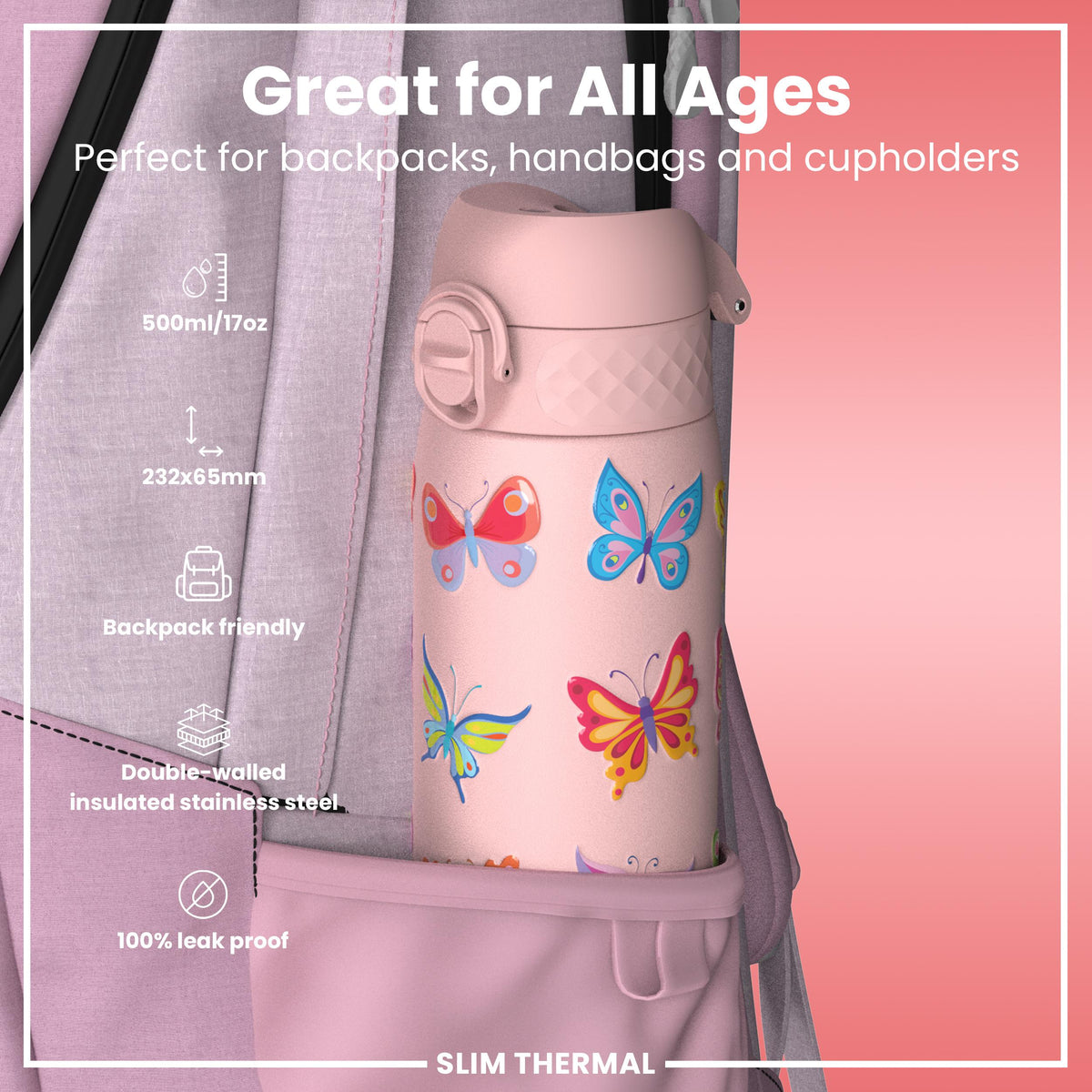 Leak Proof Slim Thermal Water Bottle, Insulated Steel, Butterfly, 500ml (17oz) — additional product photo