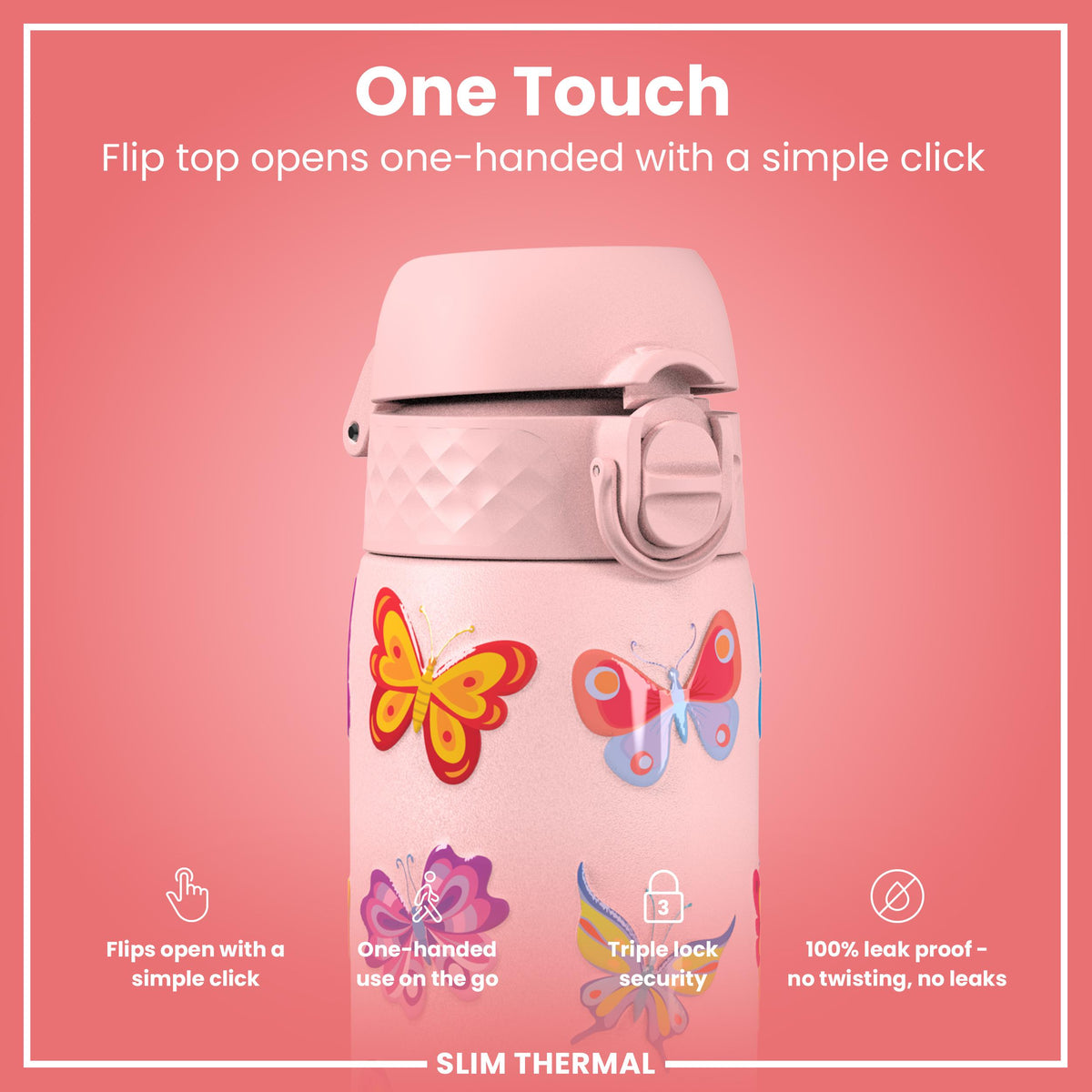 Leak Proof Slim Thermal Water Bottle, Insulated Steel, Butterfly, 500ml (17oz) — additional product photo