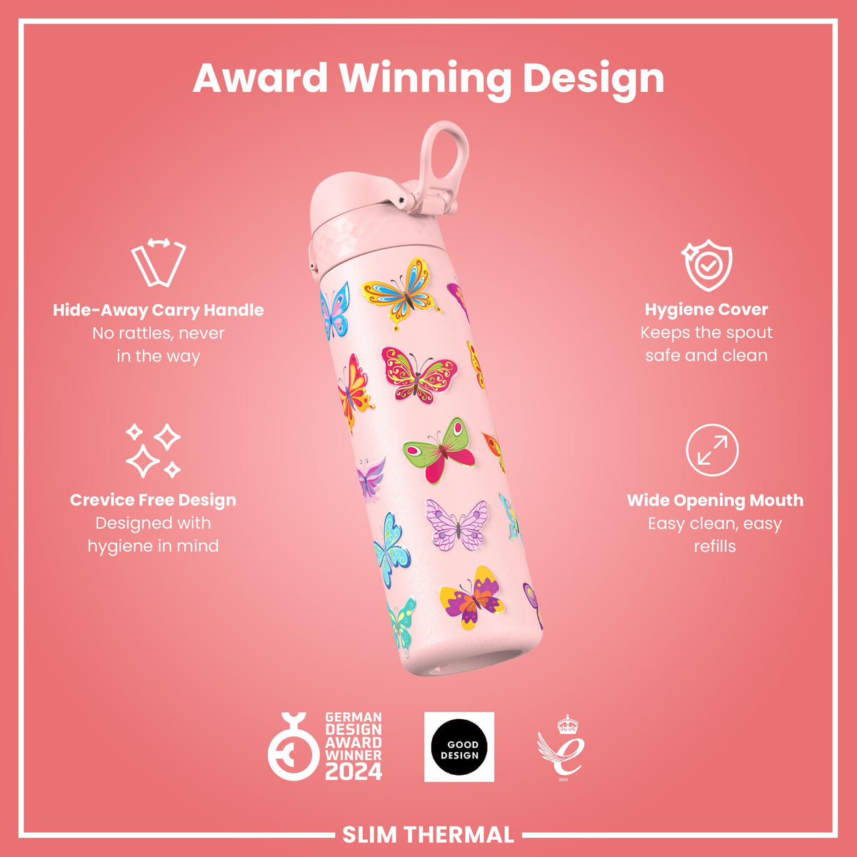 Leak Proof Slim Thermal Water Bottle, Insulated Steel, Butterfly, 500ml (17oz) — additional product photo