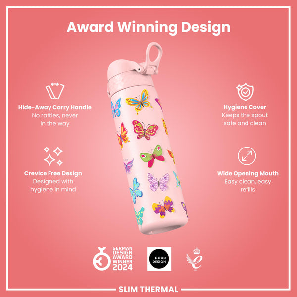 Leak Proof Slim Thermal Water Bottle, Insulated Steel, Butterfly, 500ml (17oz) — additional product photo