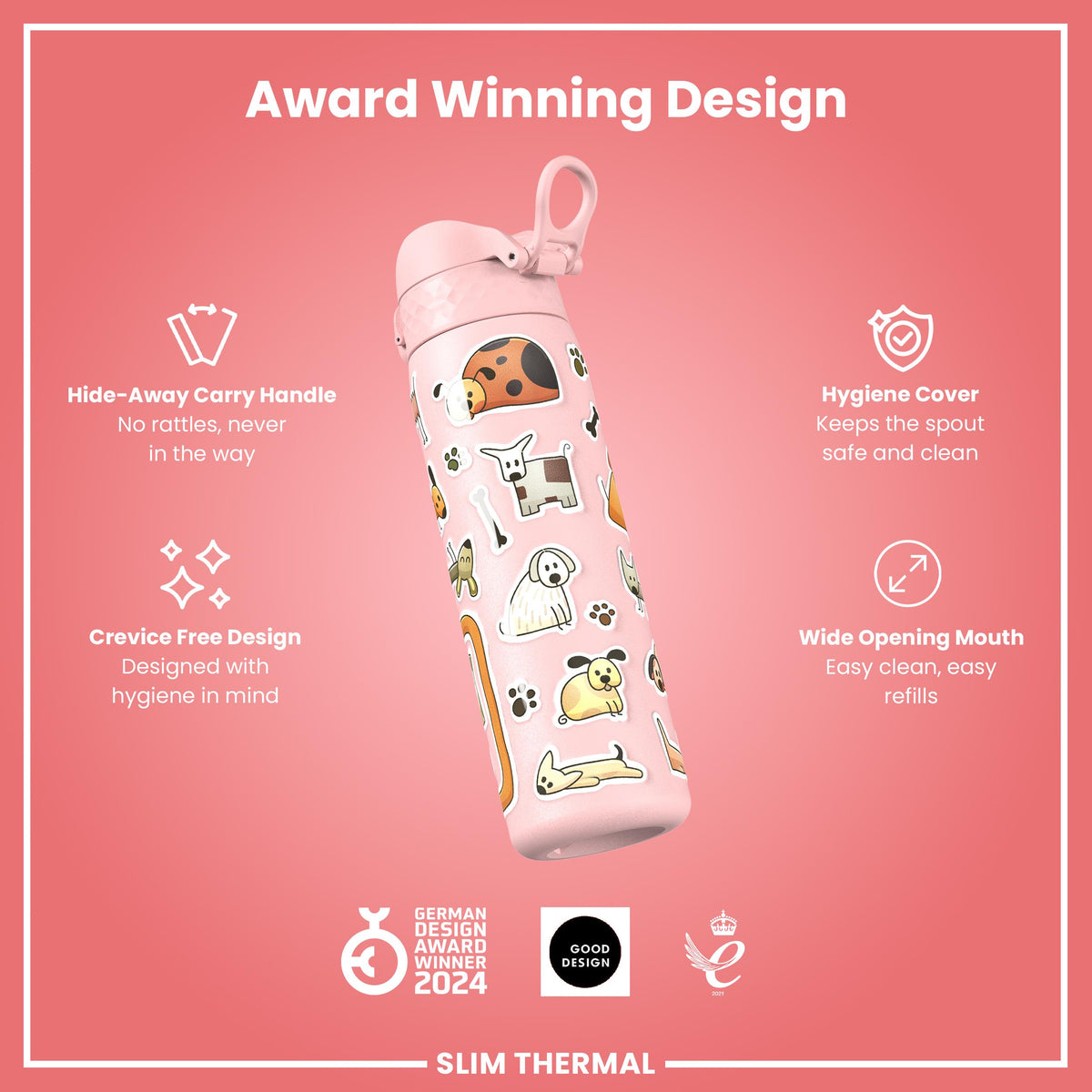 Leak Proof Slim Thermal Water Bottle, Insulated Steel, Dogs, 500ml (17oz) — additional product photo