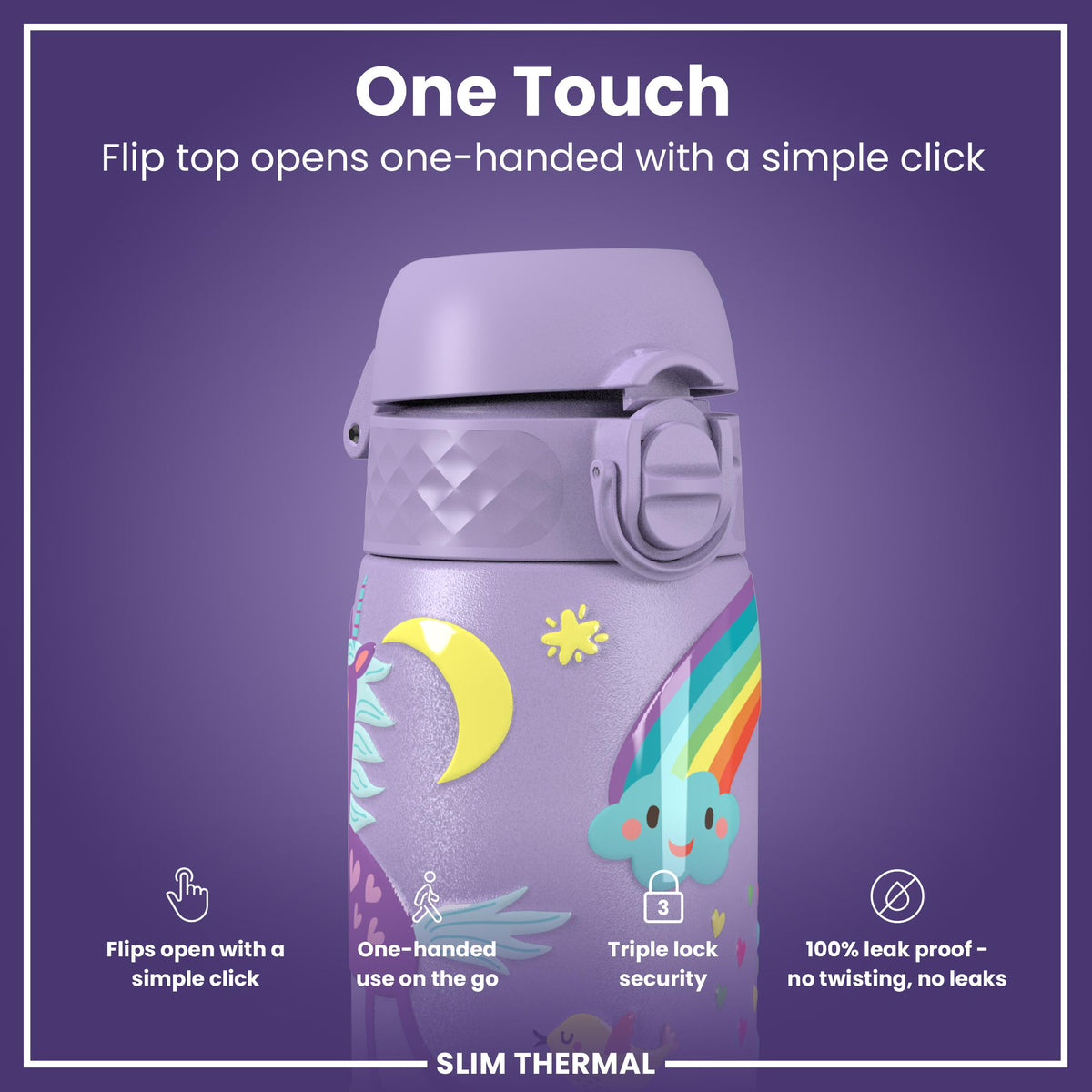 Leak Proof Slim Thermal Water Bottle, Insulated Steel, Purple Unicorns, 500ml (17oz) — additional product photo