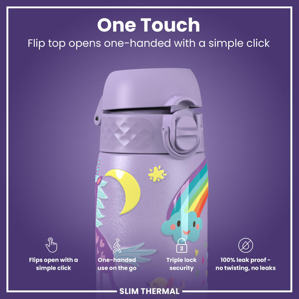 Leak Proof Slim Thermal Water Bottle, Insulated Steel, Purple Unicorns, 500ml (17oz) — additional product photo