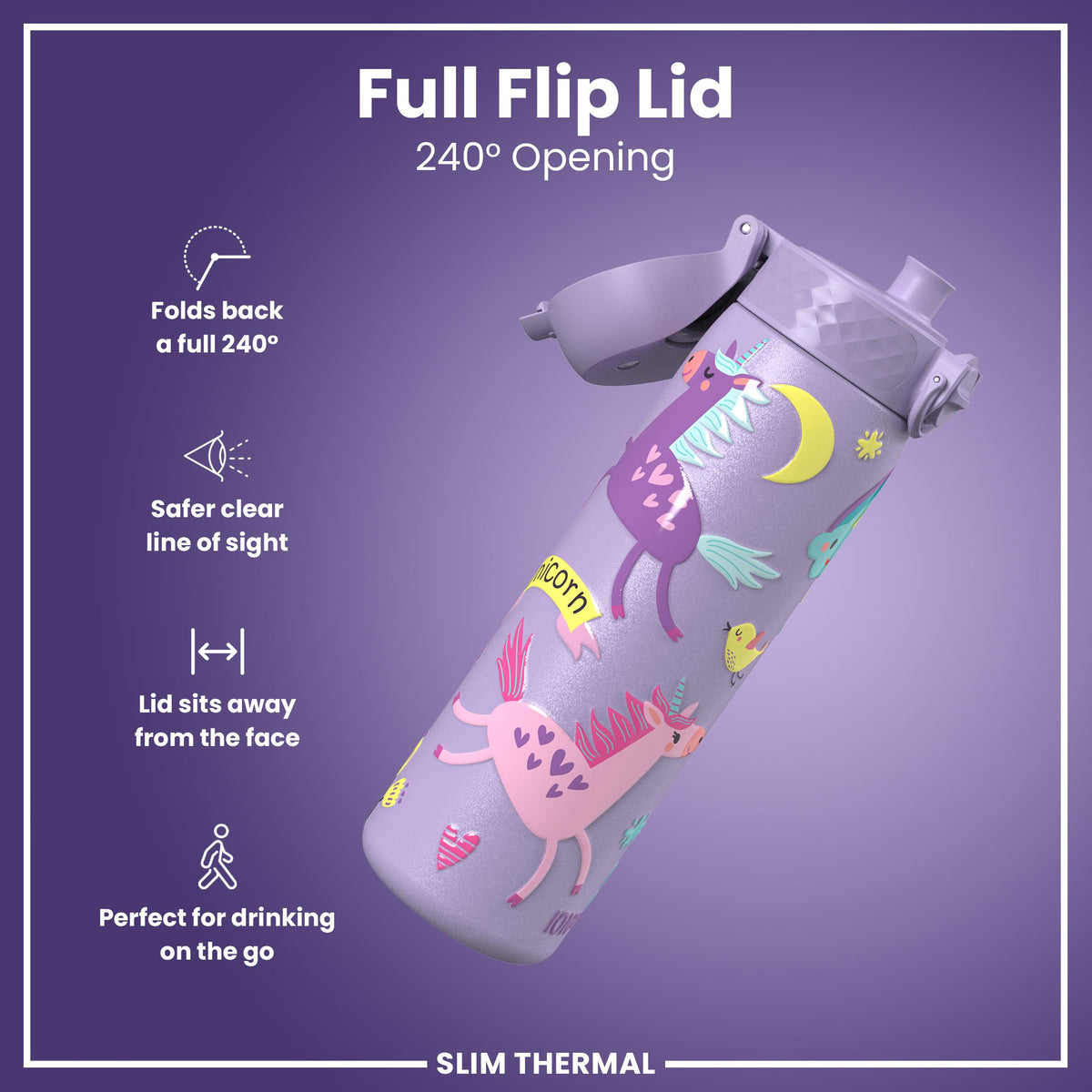 Leak Proof Slim Thermal Water Bottle, Insulated Steel, Purple Unicorns, 500ml (17oz) — additional product photo