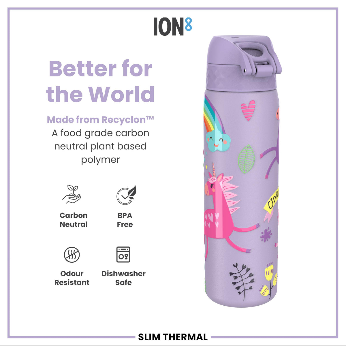 Leak Proof Slim Thermal Water Bottle, Insulated Steel, Purple Unicorns, 500ml (17oz) — additional product photo